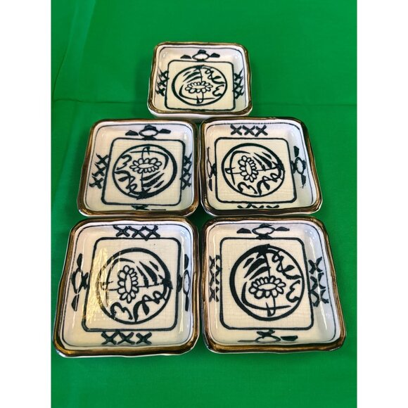 Set Of 5 Square Ceramic Dishes With Blue Floral Design & Gold Trim - Picture 1 of 2